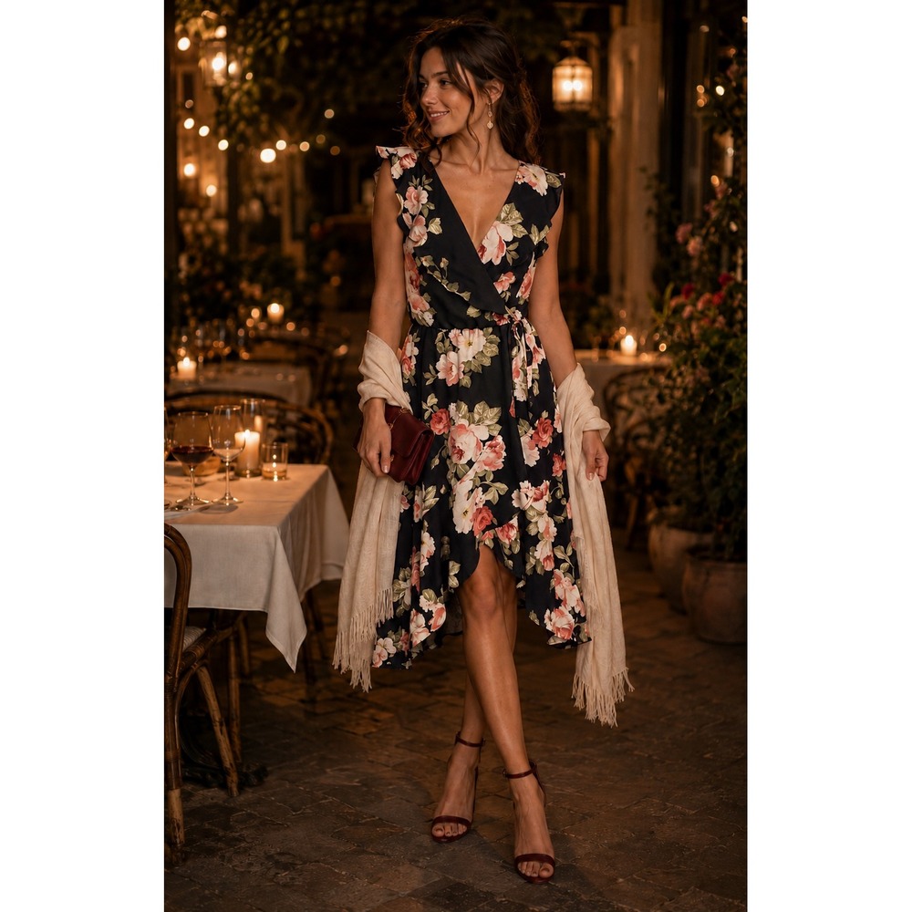 Socialite Romantic Floral Wrap Midi Dress Size Medium